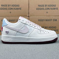 Nike Air Force 1 ’07 Low AF1 White & Light Grey Sneakers, Pale Blue Heel Black Outsole Retro Lace-Up Casual Shoes