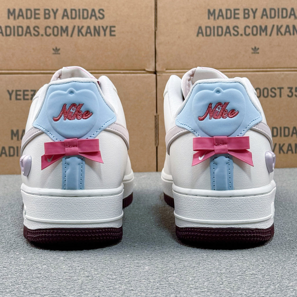 Nike Air Force 1 ’07 Low AF1 White & Light Grey Sneakers, Pale Blue Heel Black Outsole Retro Lace-Up Casual Shoes