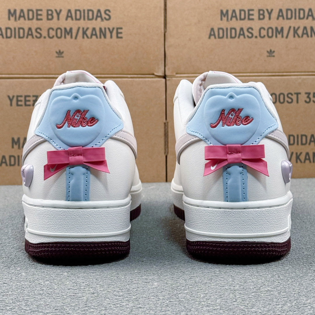 Nike Air Force 1 ’07 Low AF1 White & Light Grey Sneakers, Pale Blue Heel Black Outsole Retro Lace-Up Casual Shoes