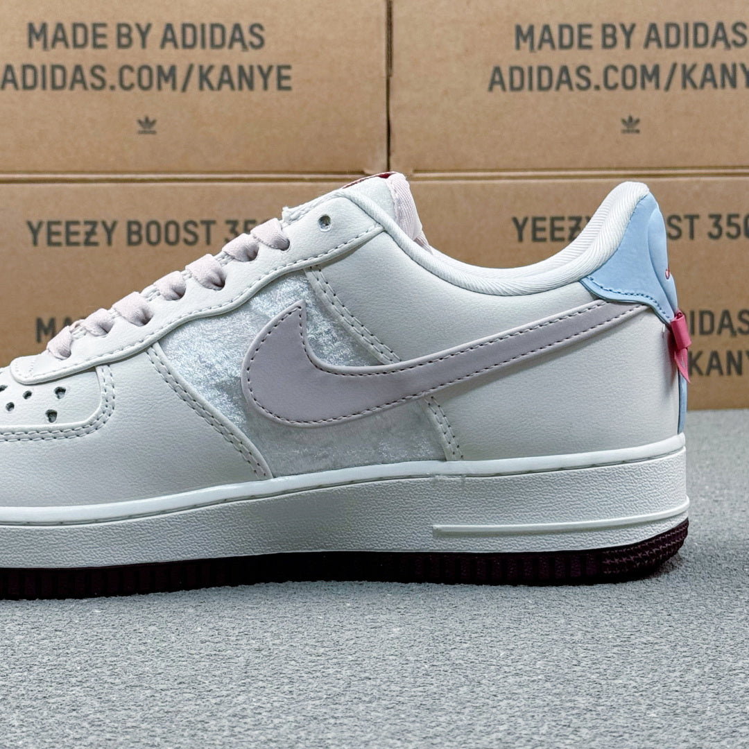 Nike Air Force 1 ’07 Low AF1 White & Light Grey Sneakers, Pale Blue Heel Black Outsole Retro Lace-Up Casual Shoes