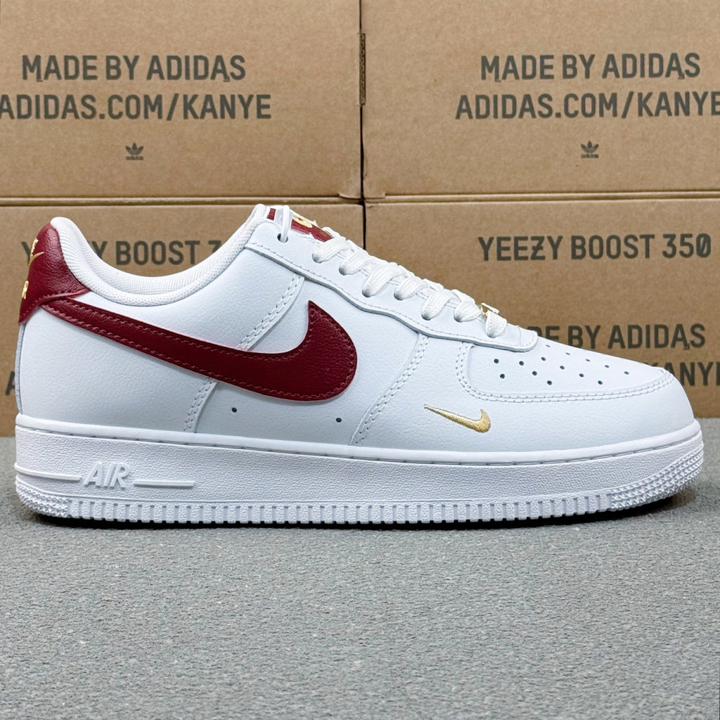 Nike Air Force 1 ’07 Low AF1 White & Burgundy Sneakers with Mini Gold-Tone Swoosh, Retro Lace-Up Casual Shoes