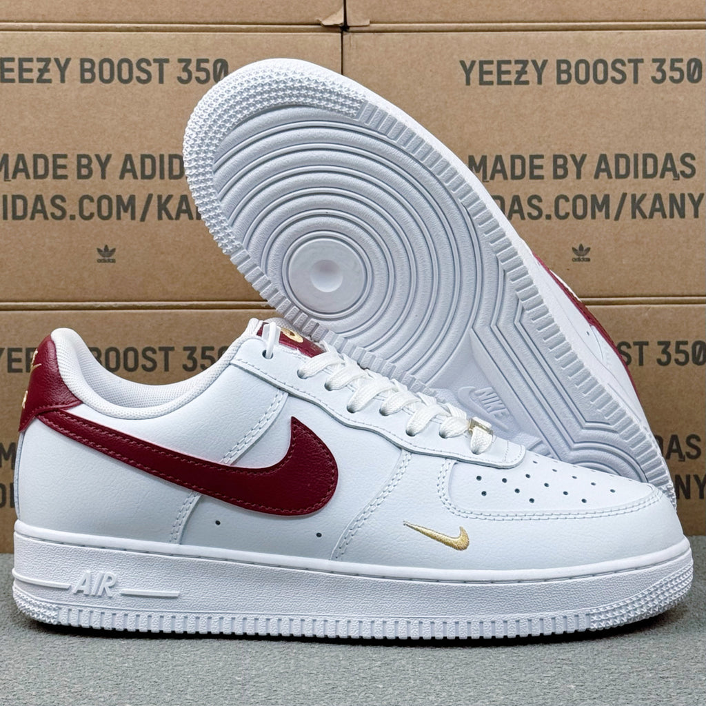 Nike Air Force 1 ’07 Low AF1 White & Burgundy Sneakers with Mini Gold-Tone Swoosh, Retro Lace-Up Casual Shoes