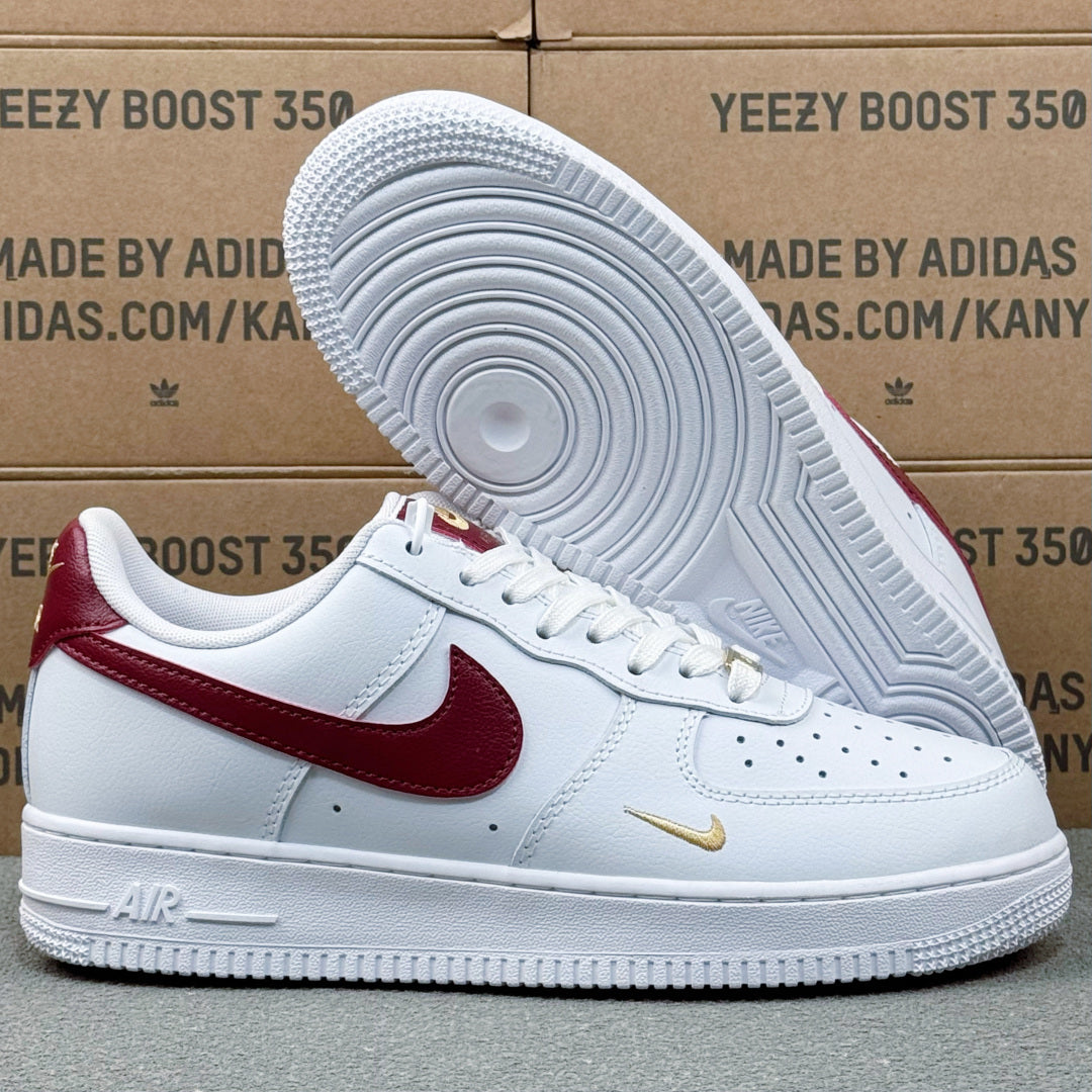 Nike Air Force 1 ’07 Low AF1 White & Burgundy Sneakers with Mini Gold-Tone Swoosh, Retro Lace-Up Casual Shoes
