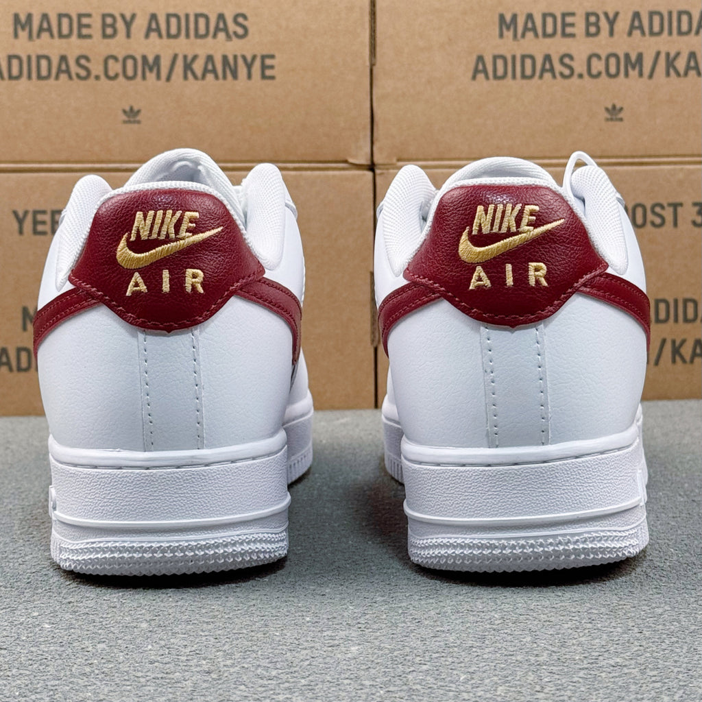 Nike Air Force 1 ’07 Low AF1 White & Burgundy Sneakers with Mini Gold-Tone Swoosh, Retro Lace-Up Casual Shoes