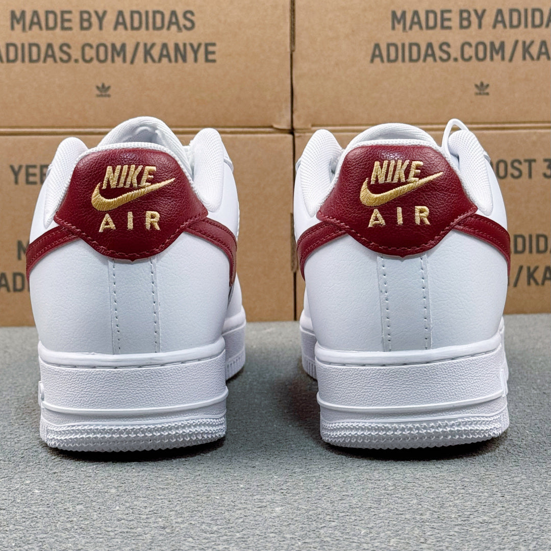 Nike Air Force 1 ’07 Low AF1 White & Burgundy Sneakers with Mini Gold-Tone Swoosh, Retro Lace-Up Casual Shoes