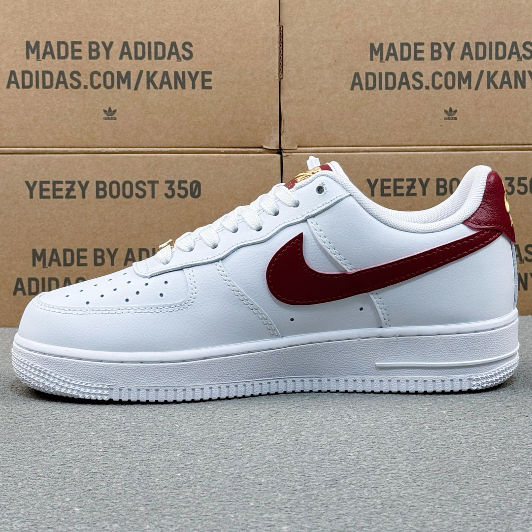 Nike Air Force 1 ’07 Low AF1 White & Burgundy Sneakers with Mini Gold-Tone Swoosh, Retro Lace-Up Casual Shoes