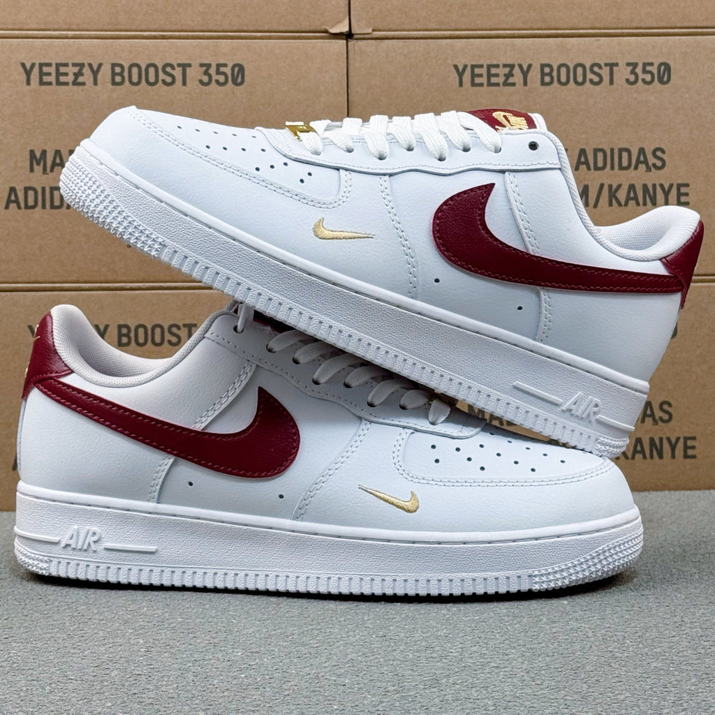 Nike Air Force 1 ’07 Low AF1 White & Burgundy Sneakers with Mini Gold-Tone Swoosh, Retro Lace-Up Casual Shoes