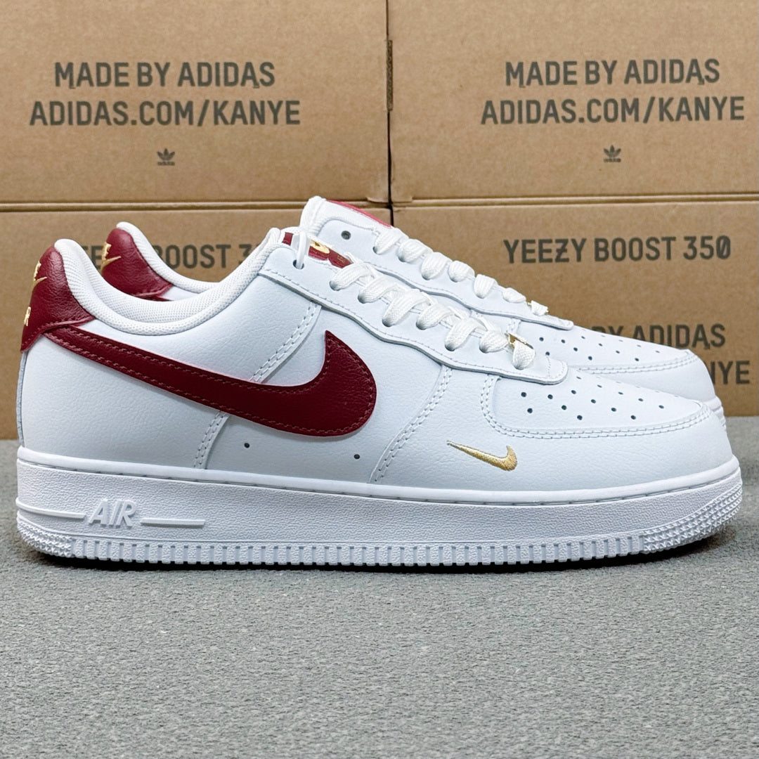 Nike Air Force 1 ’07 Low AF1 White & Burgundy Sneakers with Mini Gold-Tone Swoosh, Retro Lace-Up Casual Shoes