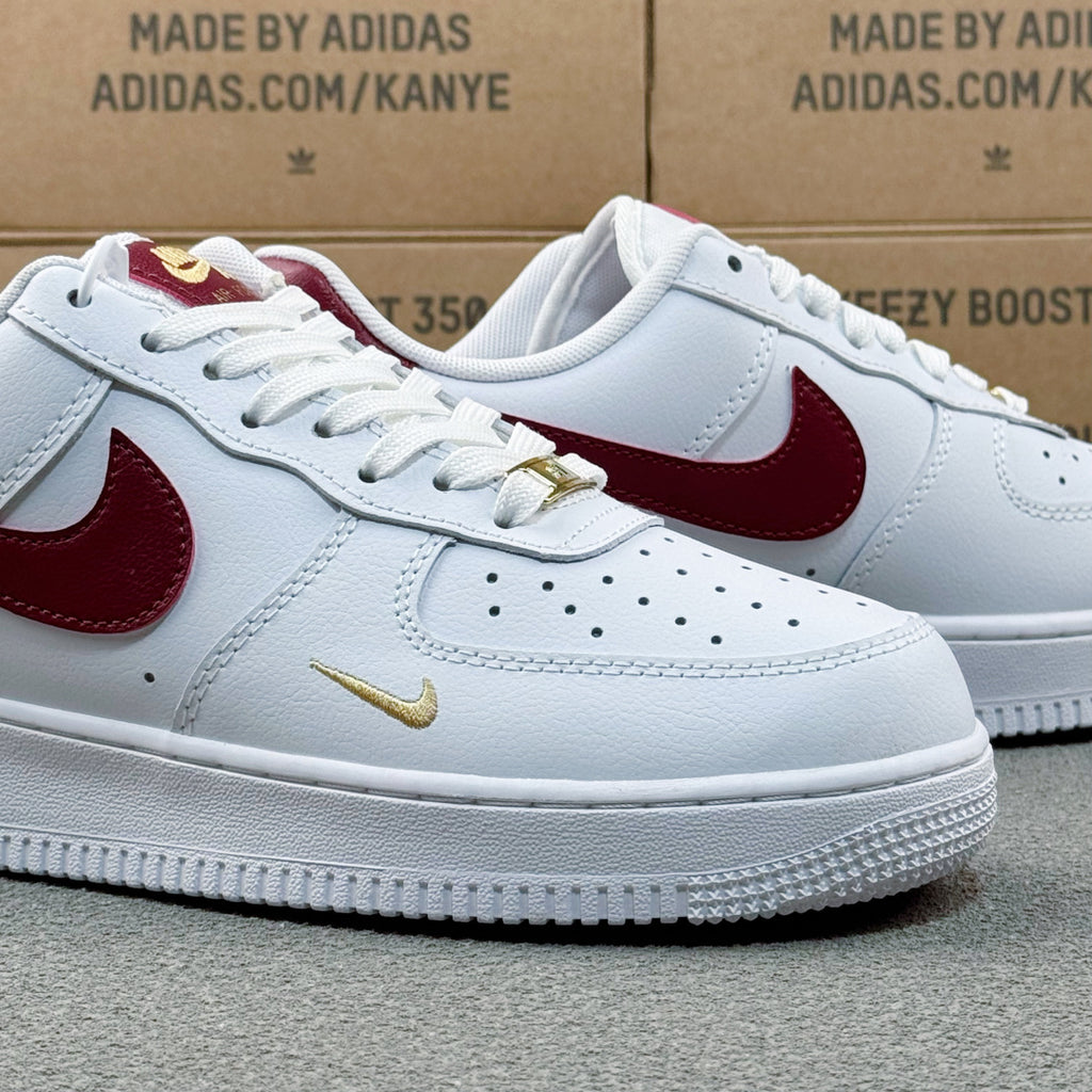 Nike Air Force 1 ’07 Low AF1 White & Burgundy Sneakers with Mini Gold-Tone Swoosh, Retro Lace-Up Casual Shoes