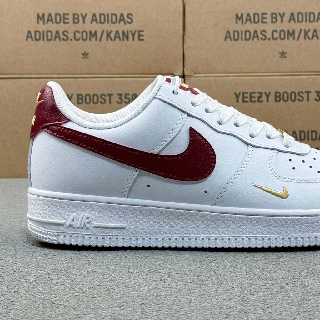 Nike Air Force 1 ’07 Low AF1 White & Burgundy Sneakers with Mini Gold-Tone Swoosh, Retro Lace-Up Casual Shoes