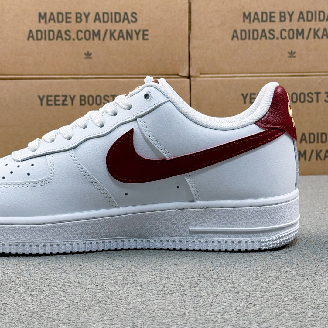 Nike Air Force 1 ’07 Low AF1 White & Burgundy Sneakers with Mini Gold-Tone Swoosh, Retro Lace-Up Casual Shoes