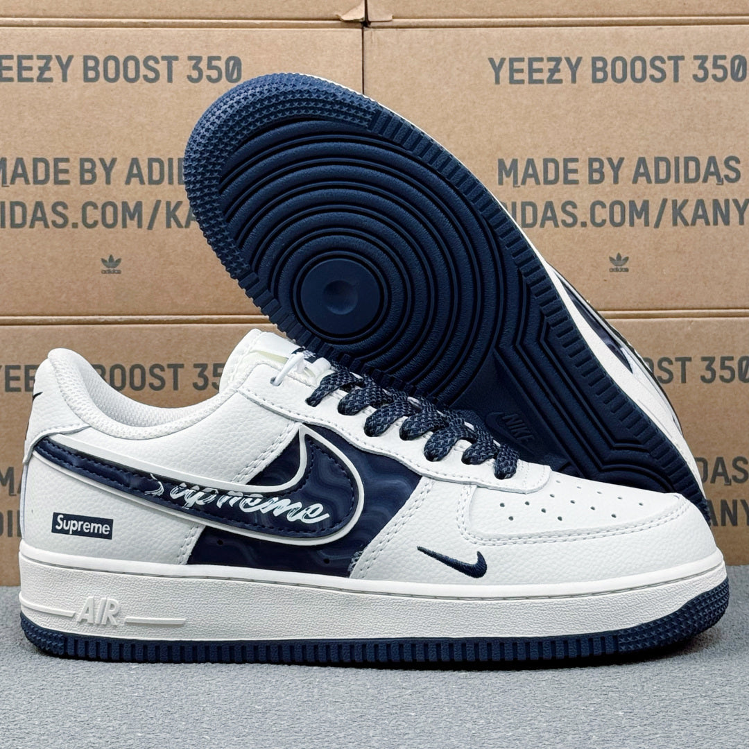 Nike Air Force 1 ’07 Low AF1 White & Black Graphic Sneakers, Mini Swoosh Retro Lace-Up Casual Streetwear Shoes