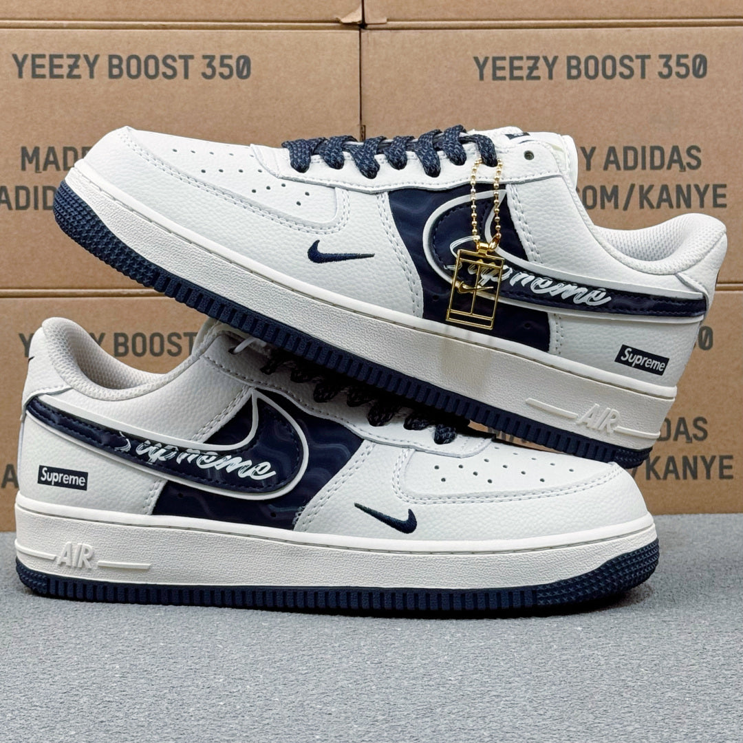 Nike Air Force 1 ’07 Low AF1 White & Black Graphic Sneakers, Mini Swoosh Retro Lace-Up Casual Streetwear Shoes