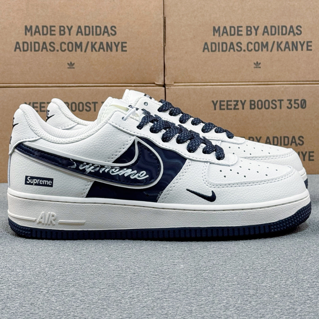 Nike Air Force 1 ’07 Low AF1 White & Black Graphic Sneakers, Mini Swoosh Retro Lace-Up Casual Streetwear Shoes