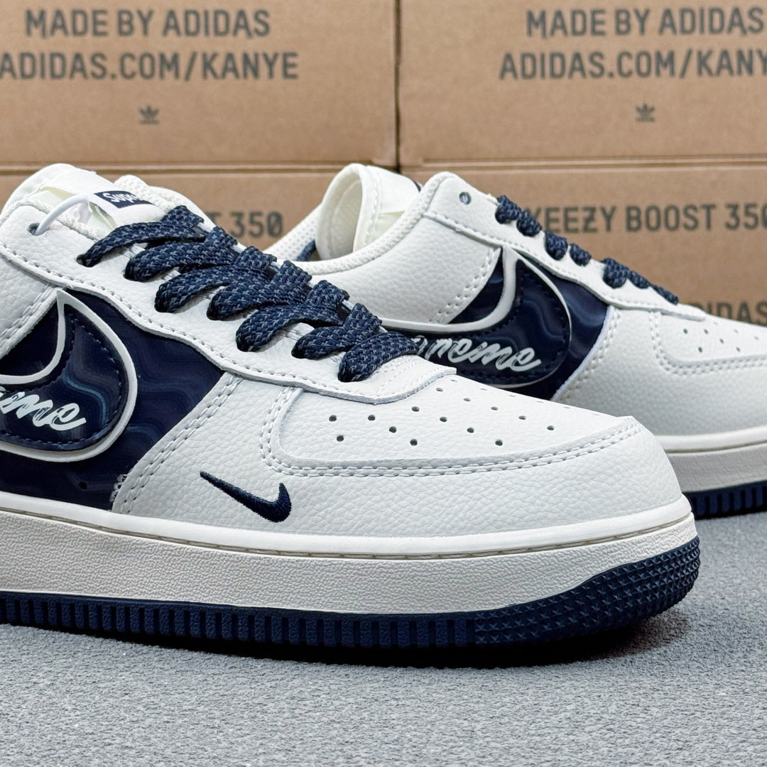 Nike Air Force 1 ’07 Low AF1 White & Black Graphic Sneakers, Mini Swoosh Retro Lace-Up Casual Streetwear Shoes