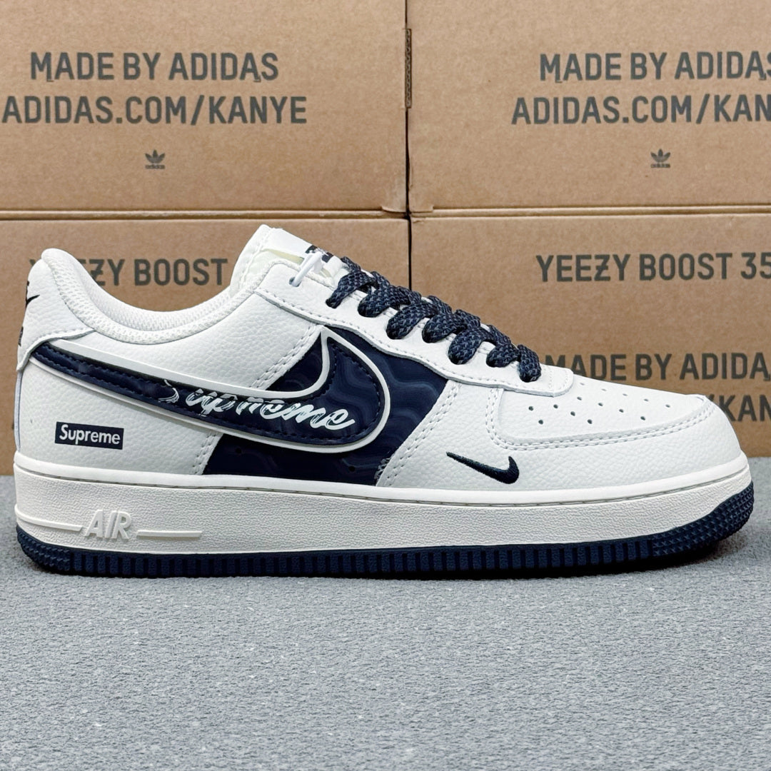Nike Air Force 1 ’07 Low AF1 White & Black Graphic Sneakers, Mini Swoosh Retro Lace-Up Casual Streetwear Shoes