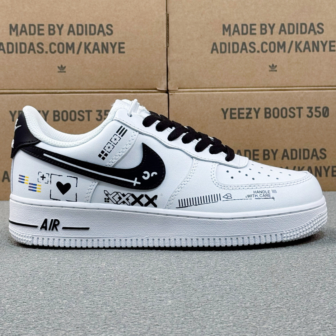 Nike Air Force 1 ’07 Low AF1 White & Black Graphic Sneakers, Heart & Pattern Details Retro Lace-Up Casual Shoes