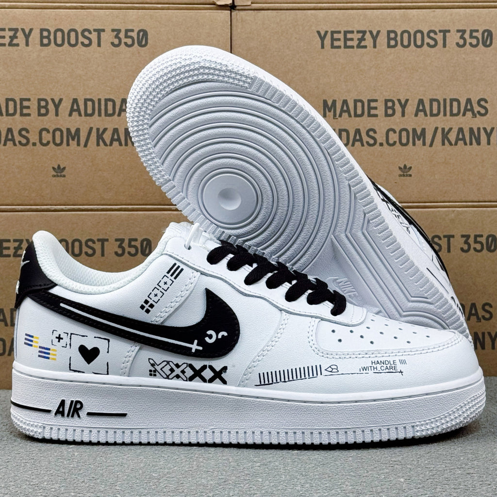 Nike Air Force 1 ’07 Low AF1 White & Black Graphic Sneakers, Heart & Pattern Details Retro Lace-Up Casual Shoes