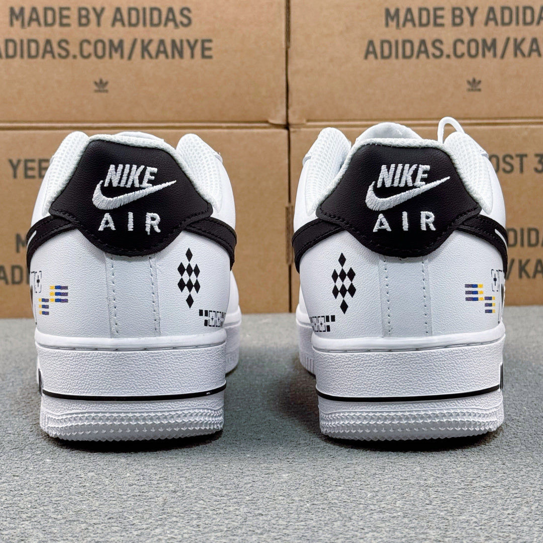 Nike Air Force 1 ’07 Low AF1 White & Black Graphic Sneakers, Heart & Pattern Details Retro Lace-Up Casual Shoes