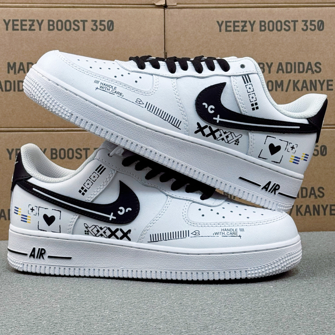 Nike Air Force 1 ’07 Low AF1 White & Black Graphic Sneakers, Heart & Pattern Details Retro Lace-Up Casual Shoes