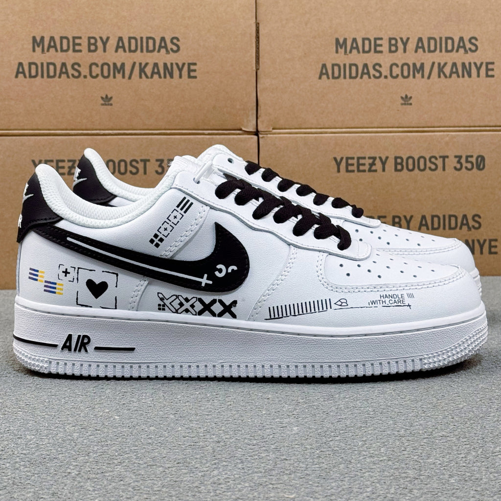 Nike Air Force 1 ’07 Low AF1 White & Black Graphic Sneakers, Heart & Pattern Details Retro Lace-Up Casual Shoes