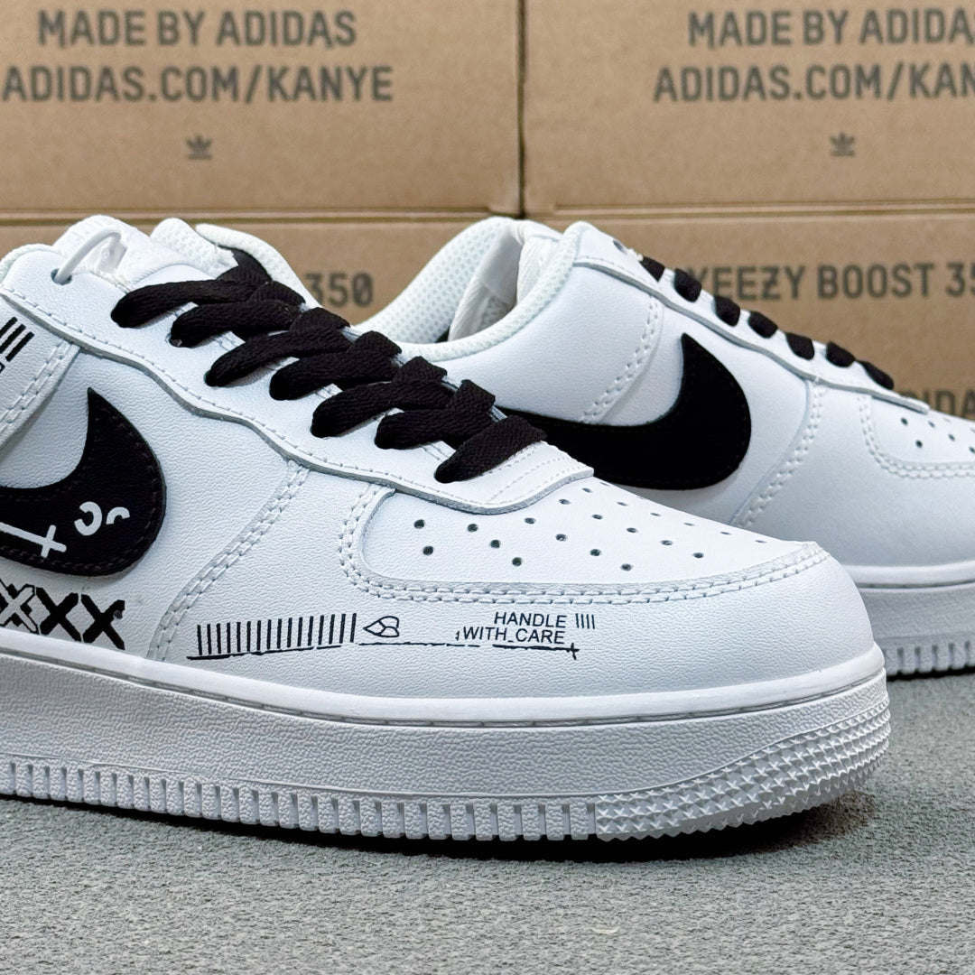 Nike Air Force 1 ’07 Low AF1 White & Black Graphic Sneakers, Heart & Pattern Details Retro Lace-Up Casual Shoes