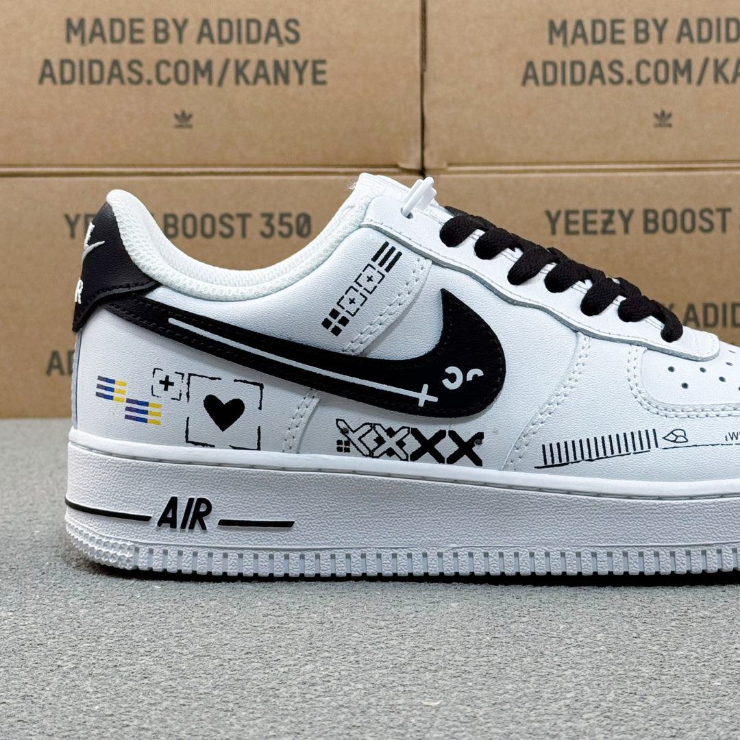 Nike Air Force 1 ’07 Low AF1 White & Black Graphic Sneakers, Heart & Pattern Details Retro Lace-Up Casual Shoes