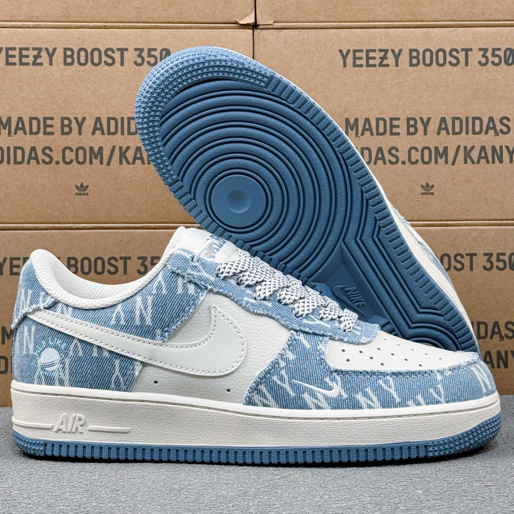 Nike Air Force 1 ’07 Low AF1 Blue & White Printed Sneakers, Patterned Lace-Up Retro Casual Streetwear Shoes