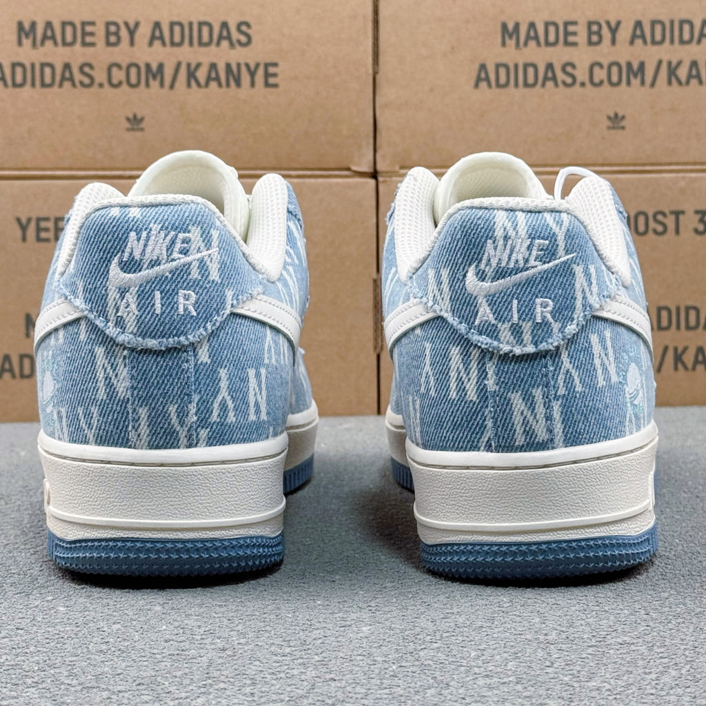 Nike Air Force 1 ’07 Low AF1 Blue & White Printed Sneakers, Patterned Lace-Up Retro Casual Streetwear Shoes