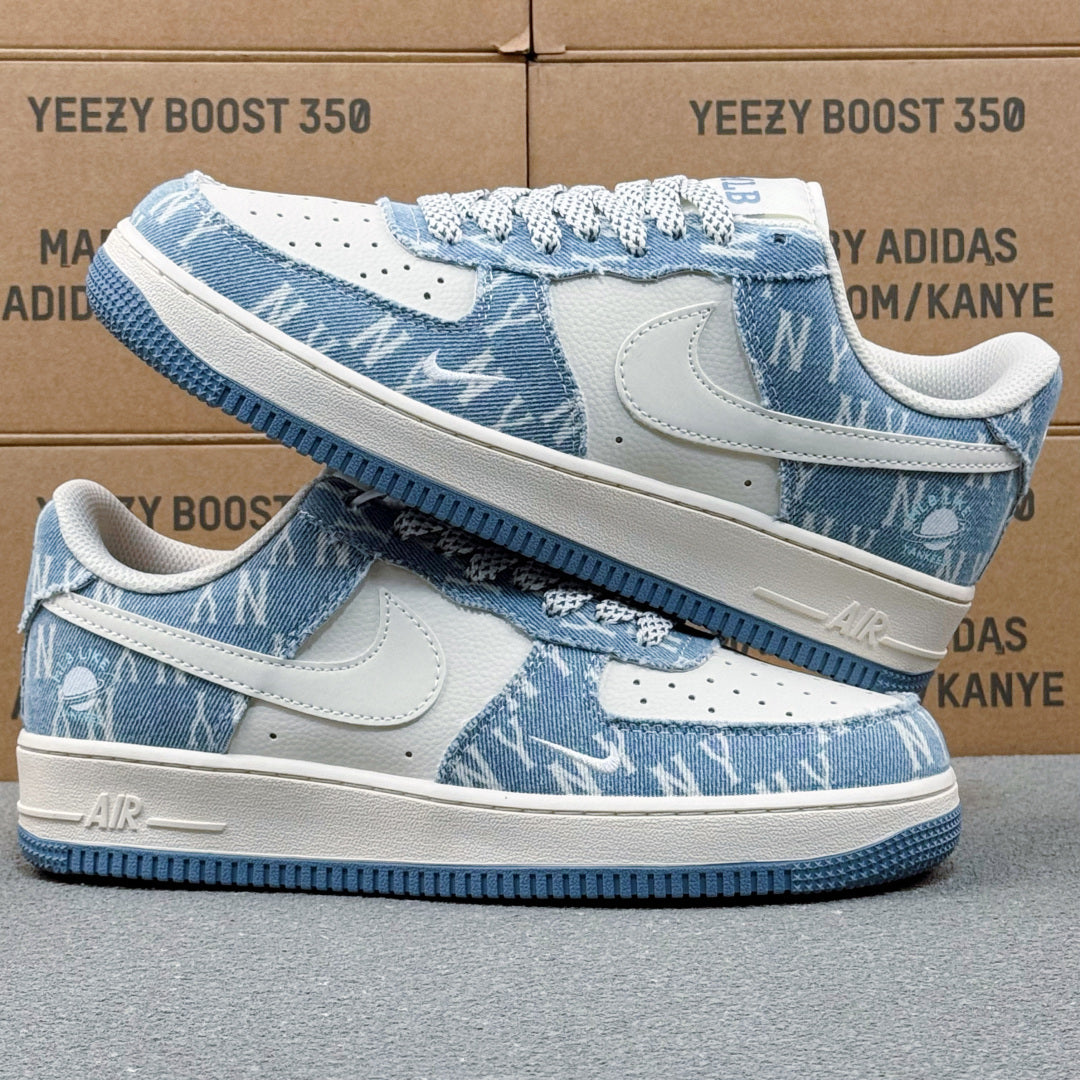Nike Air Force 1 ’07 Low AF1 Blue & White Printed Sneakers, Patterned Lace-Up Retro Casual Streetwear Shoes