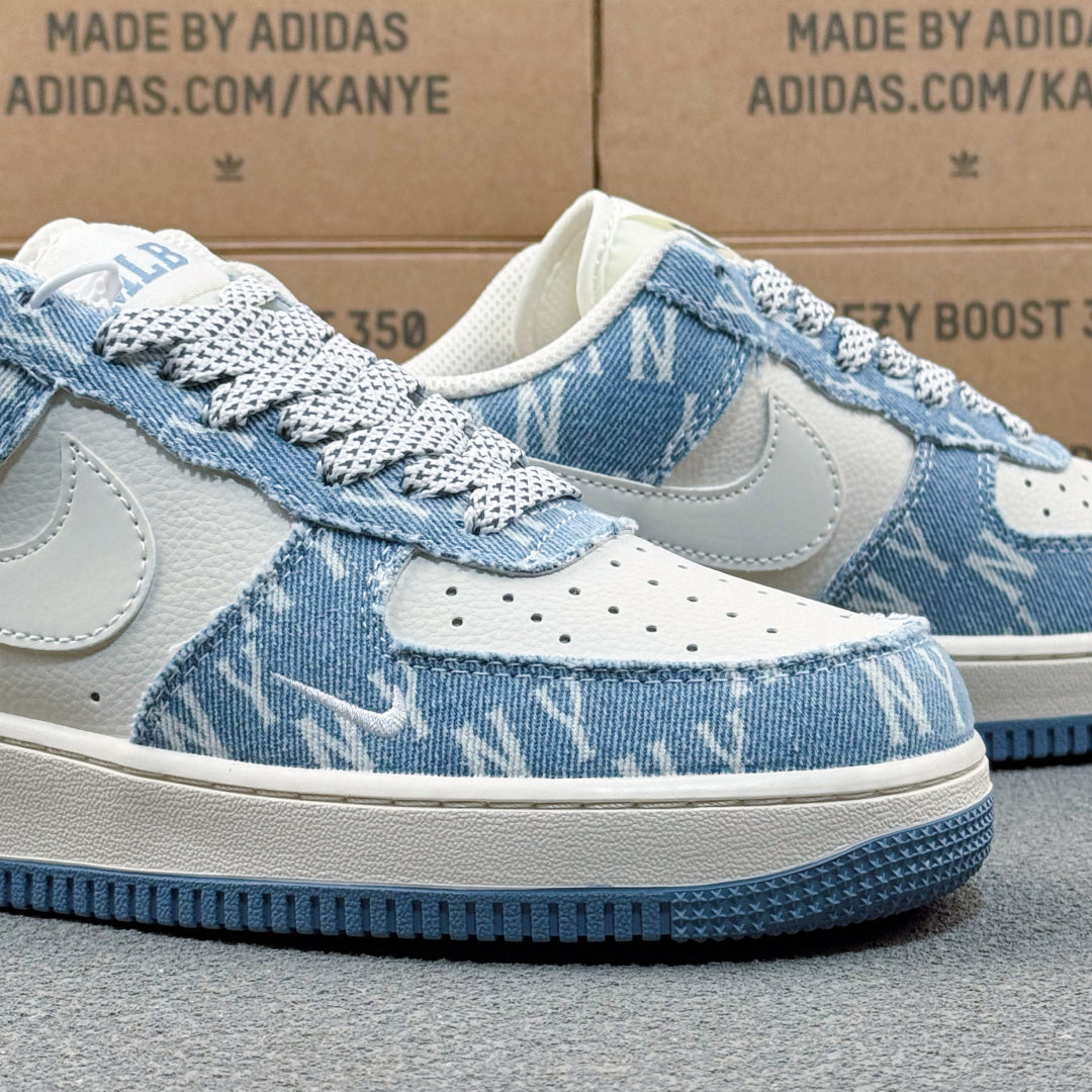 Nike Air Force 1 ’07 Low AF1 Blue & White Printed Sneakers, Patterned Lace-Up Retro Casual Streetwear Shoes
