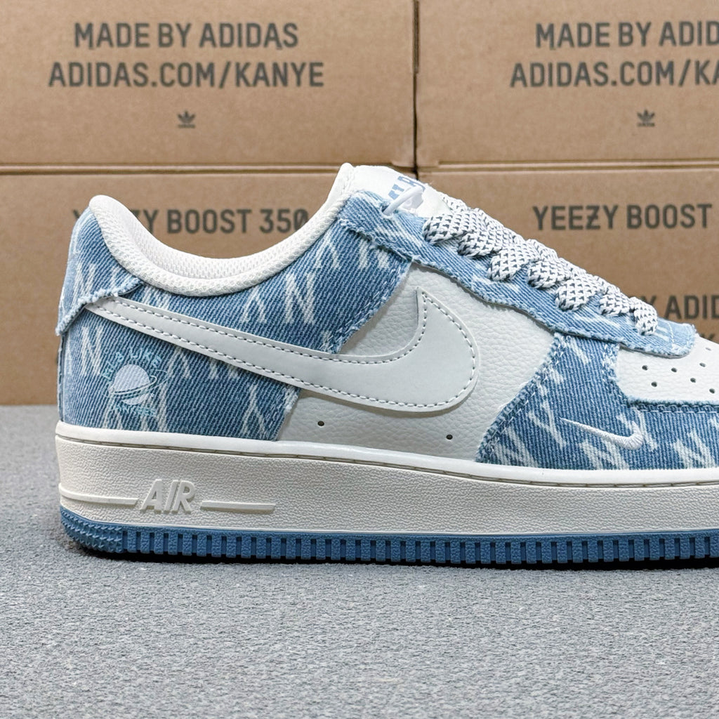 Nike Air Force 1 ’07 Low AF1 Blue & White Printed Sneakers, Patterned Lace-Up Retro Casual Streetwear Shoes