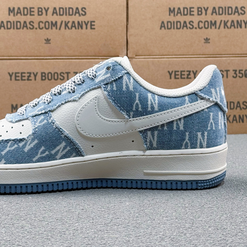 Nike Air Force 1 ’07 Low AF1 Blue & White Printed Sneakers, Patterned Lace-Up Retro Casual Streetwear Shoes