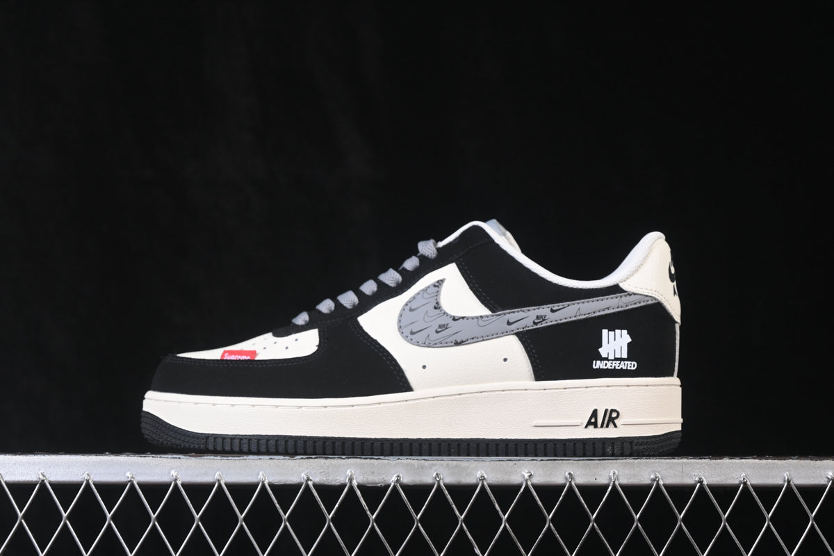 Nike Air Force 1 ’07 Low AF1 Black White & Grey Sneakers, Patchwork Graphic Lace-Up Retro Casual Streetwear Shoes