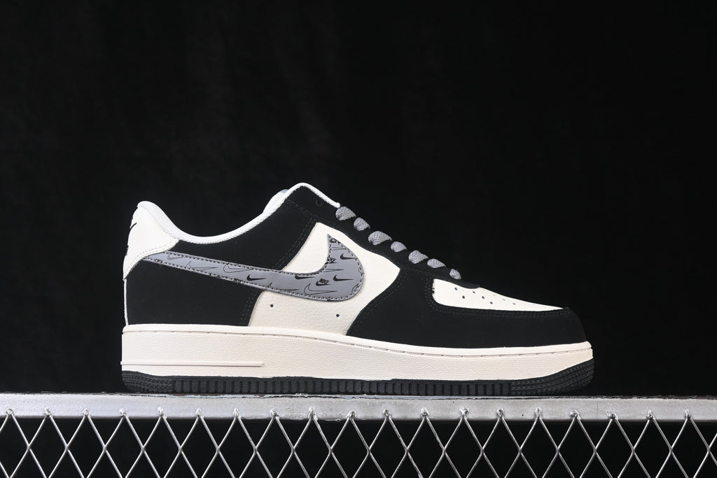 Nike Air Force 1 ’07 Low AF1 Black White & Grey Sneakers, Patchwork Graphic Lace-Up Retro Casual Streetwear Shoes