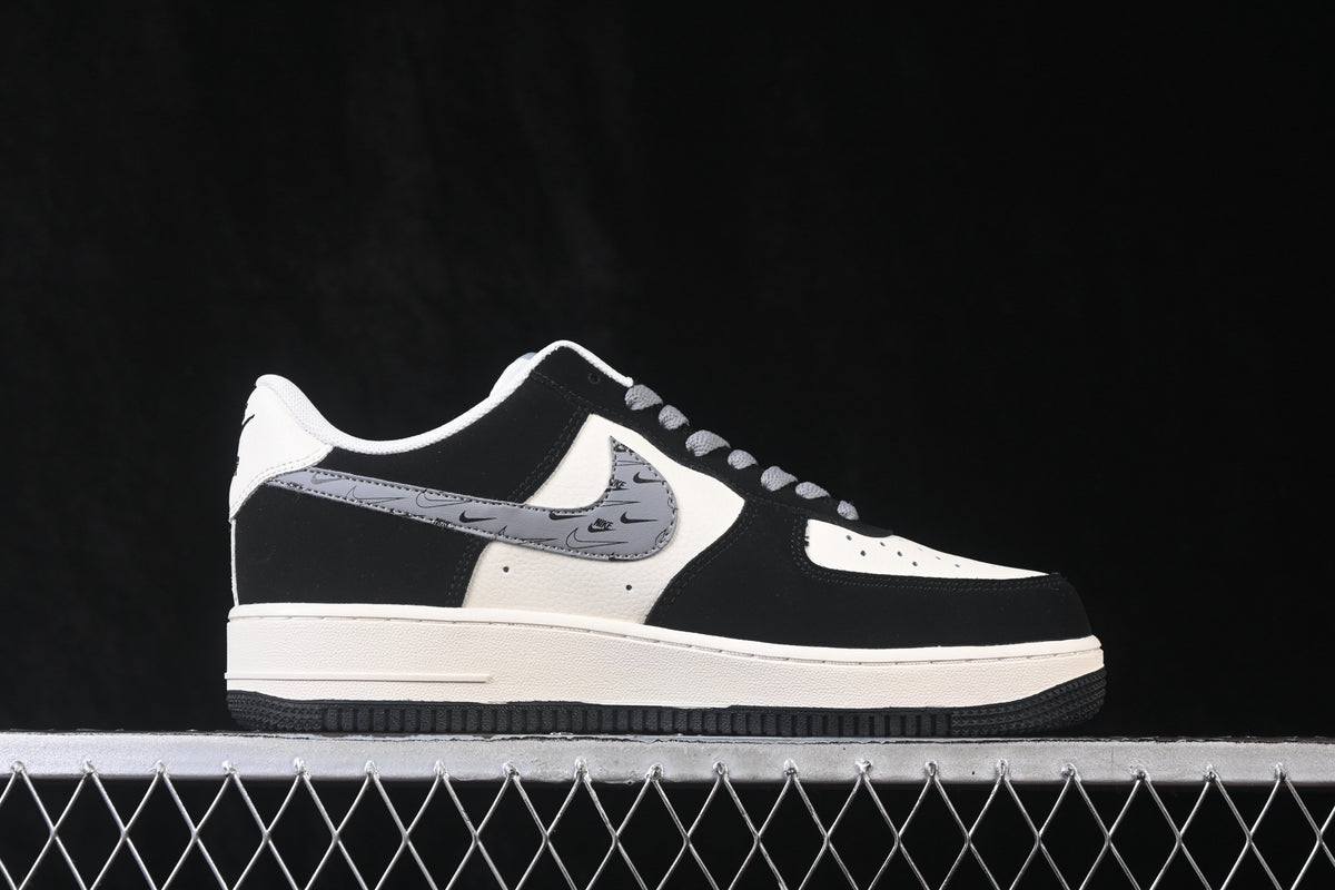 Nike Air Force 1 ’07 Low AF1 Black White & Grey Sneakers, Patchwork Graphic Lace-Up Retro Casual Streetwear Shoes