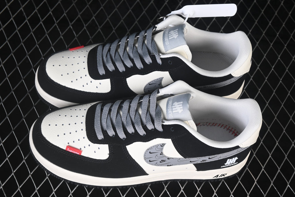 Nike Air Force 1 ’07 Low AF1 Black White & Grey Sneakers, Patchwork Graphic Lace-Up Retro Casual Streetwear Shoes
