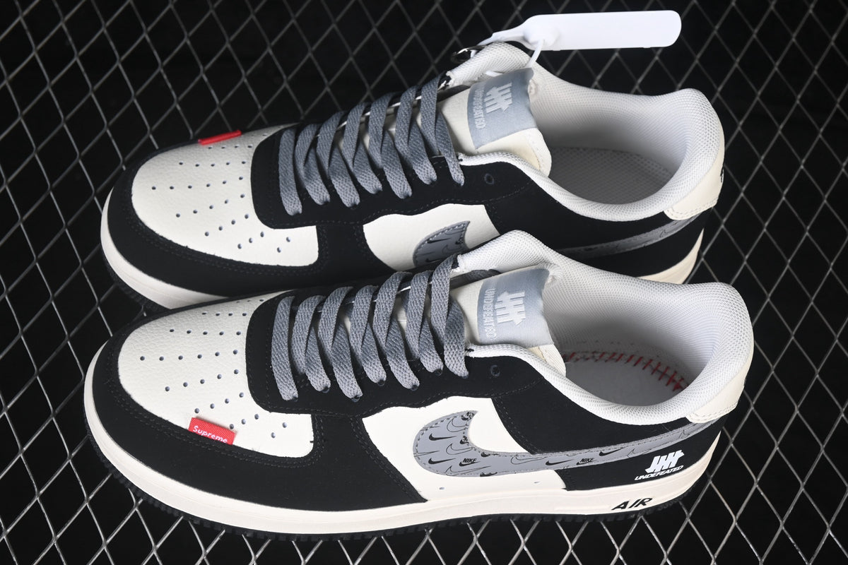 Nike Air Force 1 ’07 Low AF1 Black White & Grey Sneakers, Patchwork Graphic Lace-Up Retro Casual Streetwear Shoes