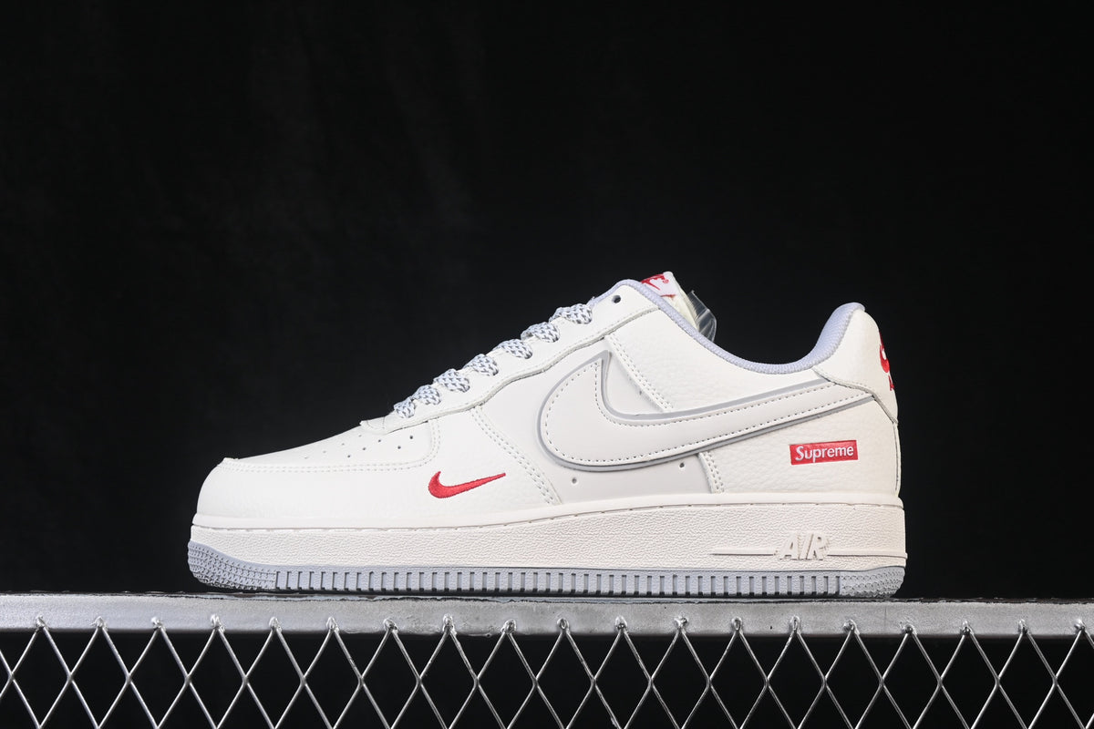 Nike Air Force 1 ’07 Low AF1 White Sneakers with Mini Red Swoosh, Tonal Lace-Up Retro Casual Streetwear Shoes