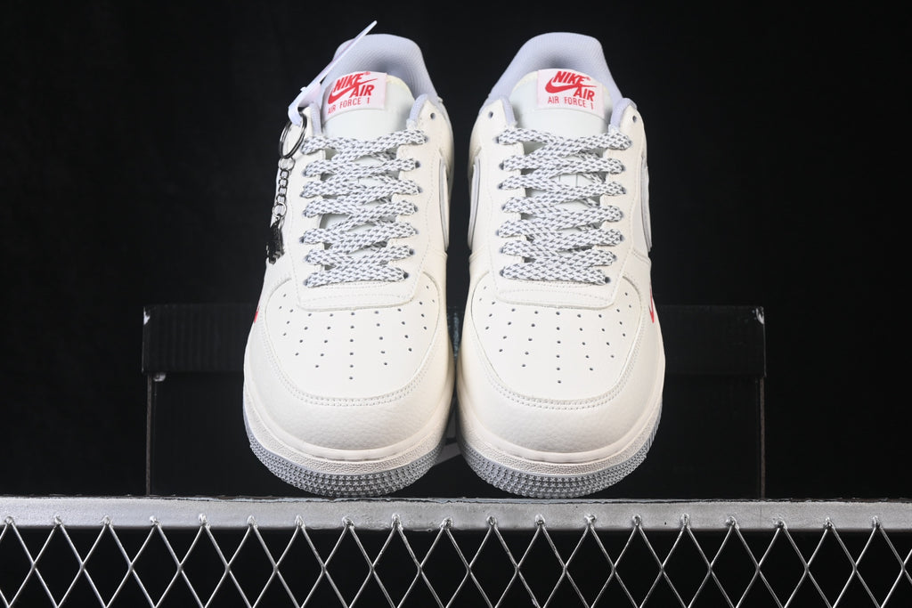 Nike Air Force 1 ’07 Low AF1 White Sneakers with Mini Red Swoosh, Tonal Lace-Up Retro Casual Streetwear Shoes