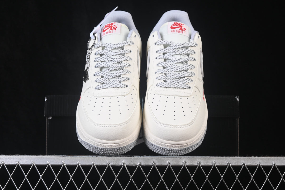 Nike Air Force 1 ’07 Low AF1 White Sneakers with Mini Red Swoosh, Tonal Lace-Up Retro Casual Streetwear Shoes