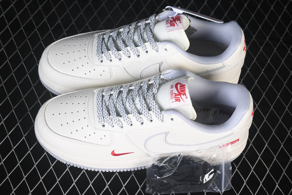 Nike Air Force 1 ’07 Low AF1 White Sneakers with Mini Red Swoosh, Tonal Lace-Up Retro Casual Streetwear Shoes