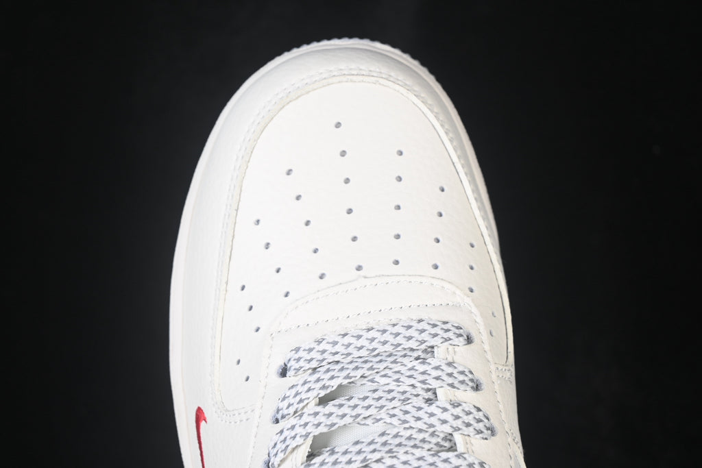 Nike Air Force 1 ’07 Low AF1 White Sneakers with Mini Red Swoosh, Tonal Lace-Up Retro Casual Streetwear Shoes
