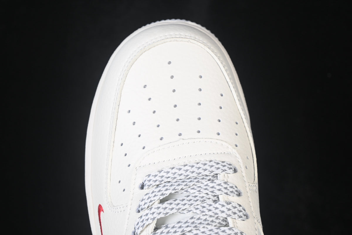 Nike Air Force 1 ’07 Low AF1 White Sneakers with Mini Red Swoosh, Tonal Lace-Up Retro Casual Streetwear Shoes