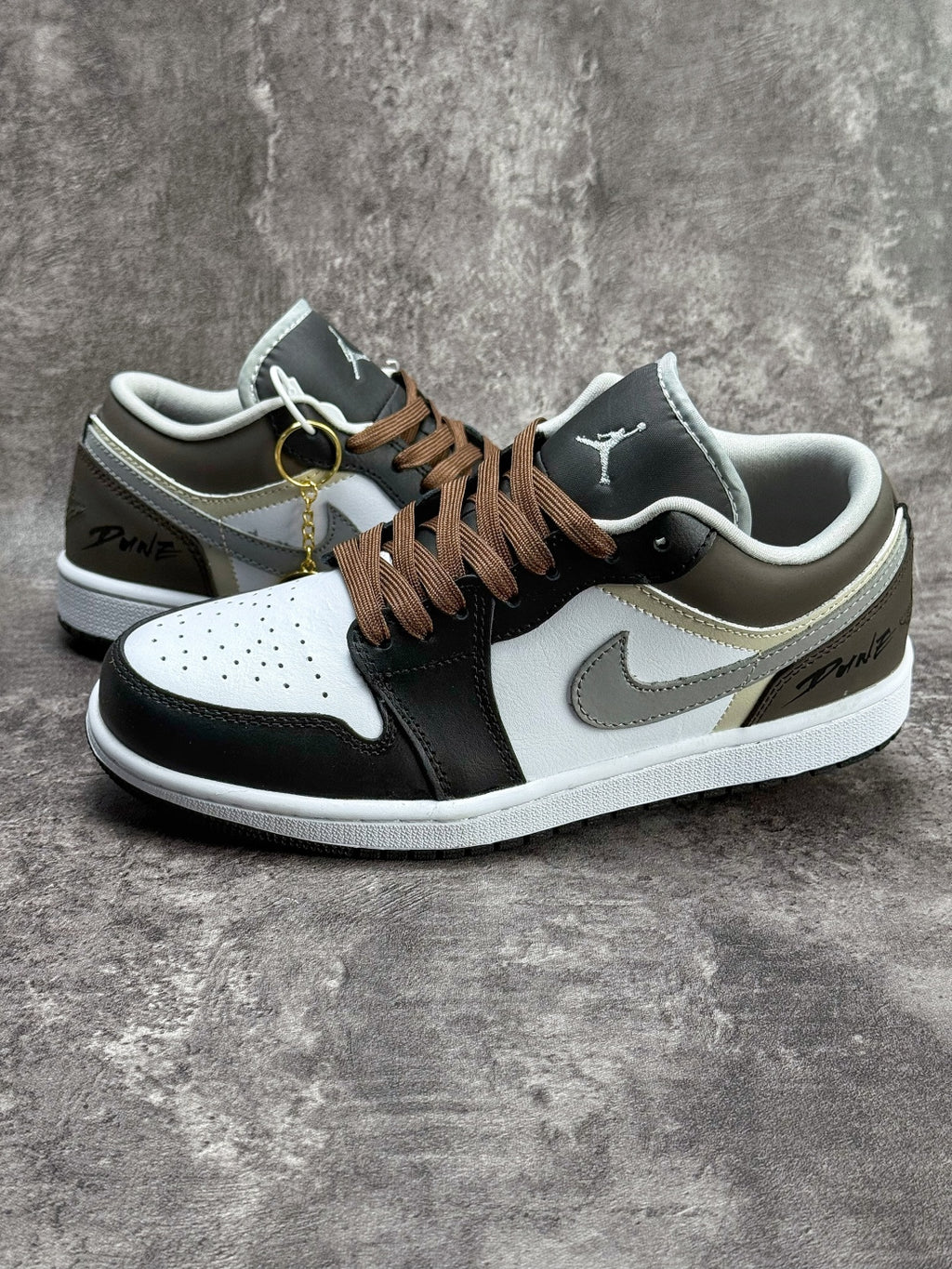 Air Jordan 1 Low AJ1 Black White & Grey Sneakers with Brown Laces, Retro Low-Top Casual Streetwear Shoes