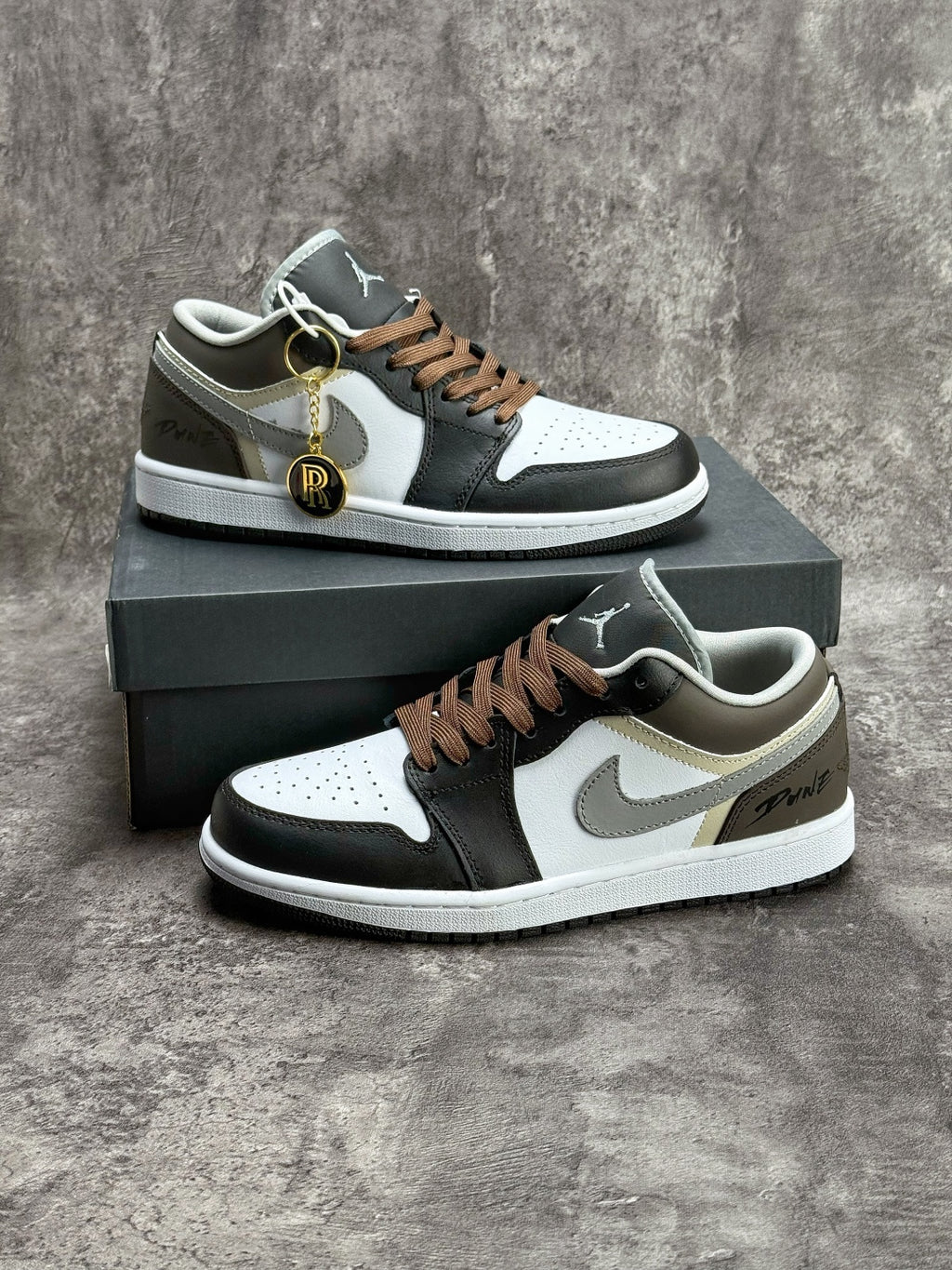 Air Jordan 1 Low AJ1 Black White & Grey Sneakers with Brown Laces, Retro Low-Top Casual Streetwear Shoes