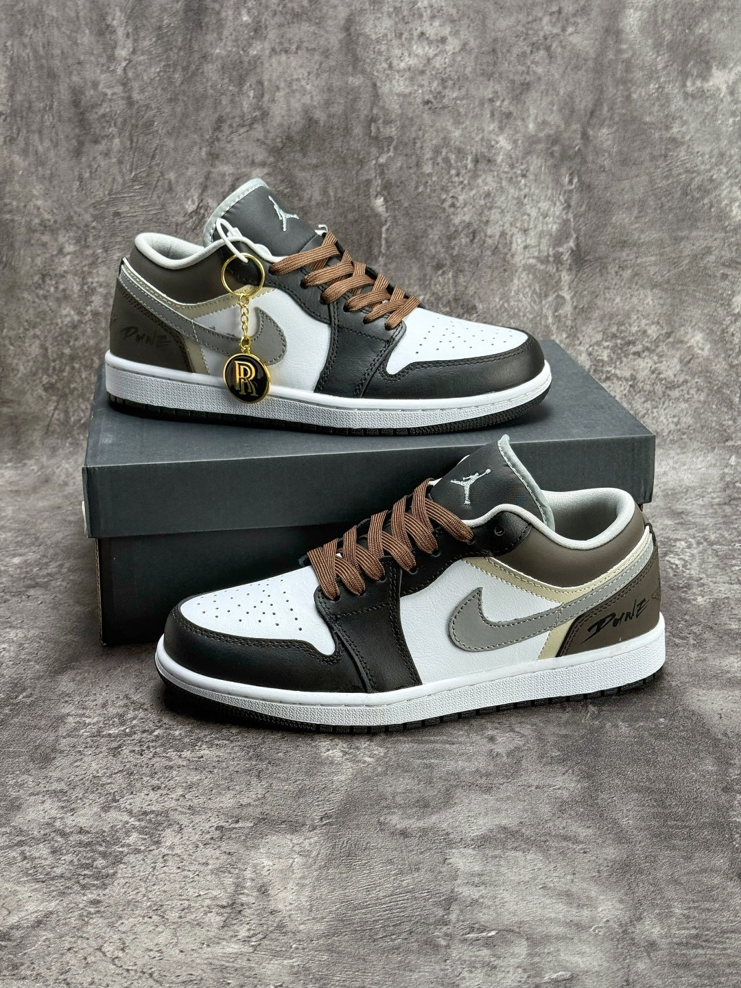 Air Jordan 1 Low AJ1 Black White & Grey Sneakers with Brown Laces, Retro Low-Top Casual Streetwear Shoes