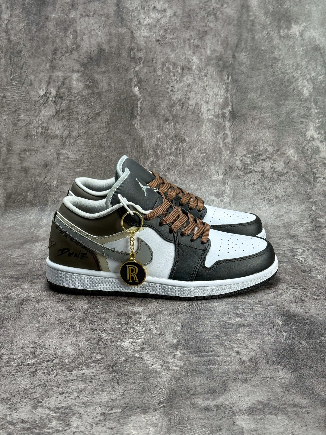 Air Jordan 1 Low AJ1 Black White & Grey Sneakers with Brown Laces, Retro Low-Top Casual Streetwear Shoes