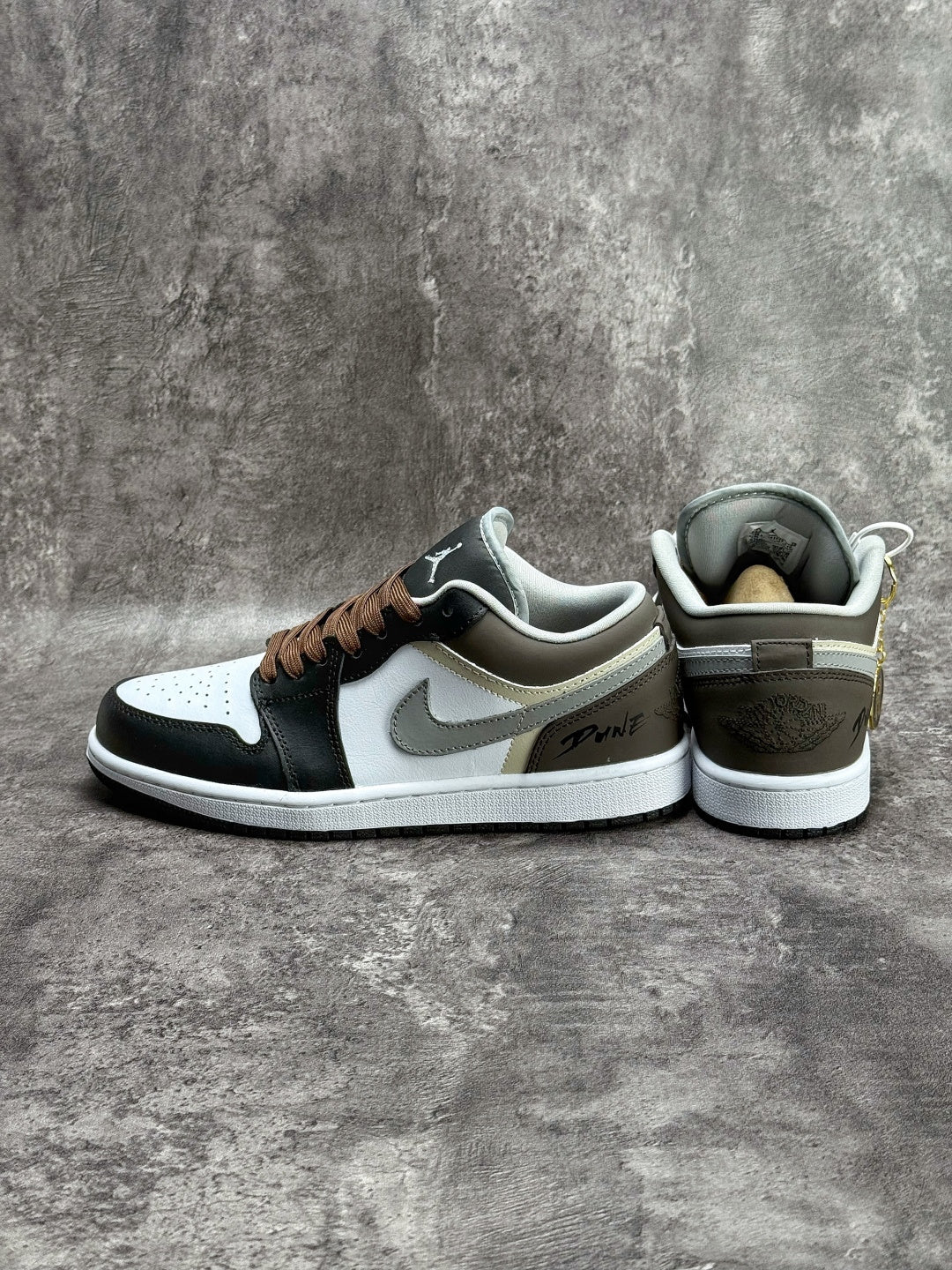 Air Jordan 1 Low AJ1 Black White & Grey Sneakers with Brown Laces, Retro Low-Top Casual Streetwear Shoes