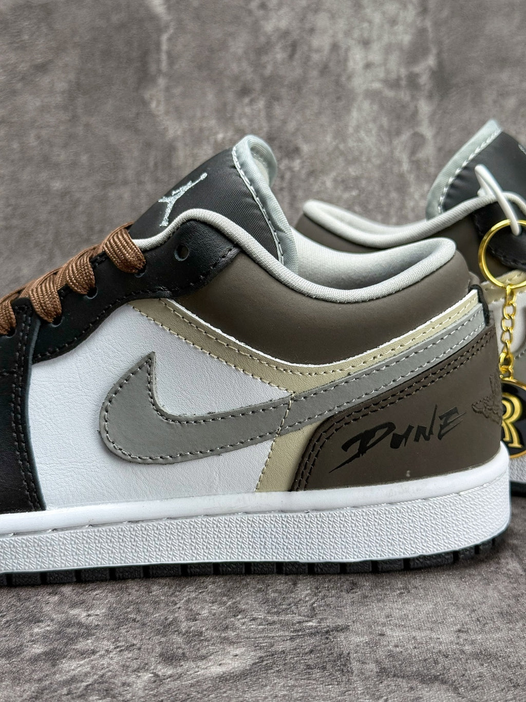 Air Jordan 1 Low AJ1 Black White & Grey Sneakers with Brown Laces, Retro Low-Top Casual Streetwear Shoes